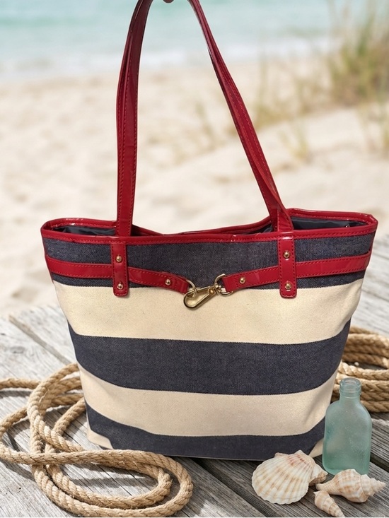 Handbags - Tommy Hilfiger Nautical Stripe Canvas Tote Bag – Red Patent Trim & Lobster Claw